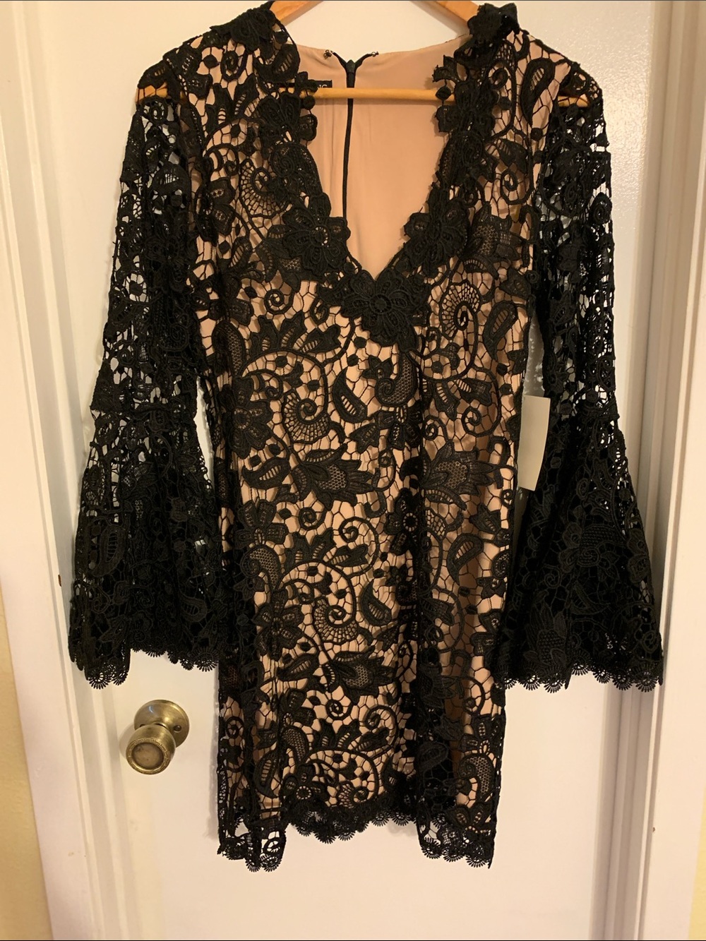 Black Lace Midi Dress with Nude Underlay - V-Neck Bell Sleeve NWT